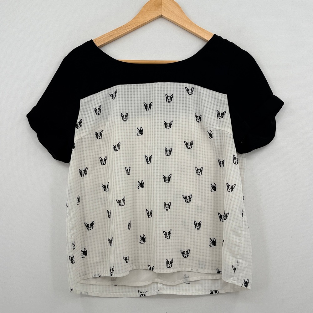 Maeve French Bulldog Gingham Top Womens Medium Black White Whimsical Dog Preppy